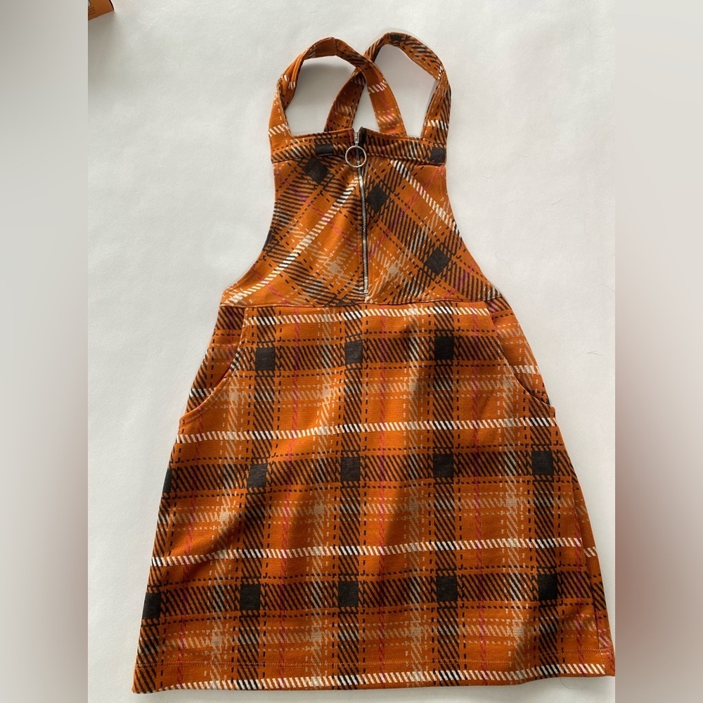 NEW- Size L Womens Honey & Sparkle Strapped Dress - Zip Front- Rust Orange Plaid